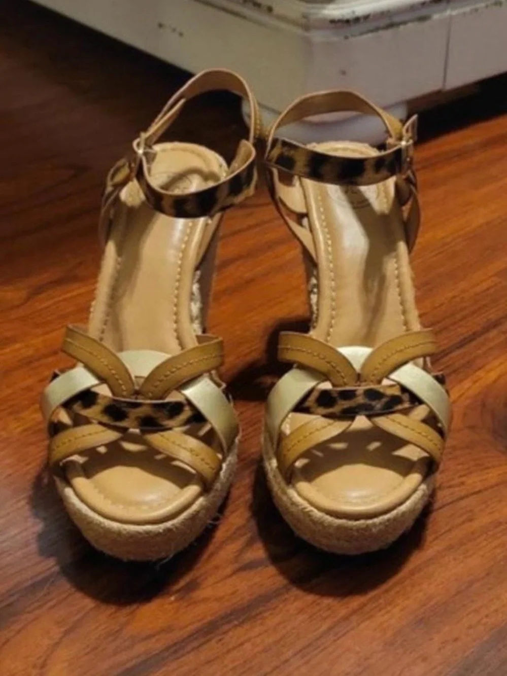 Leopard Print Espadrille Wedge Sandals - Women's Tan Leopard